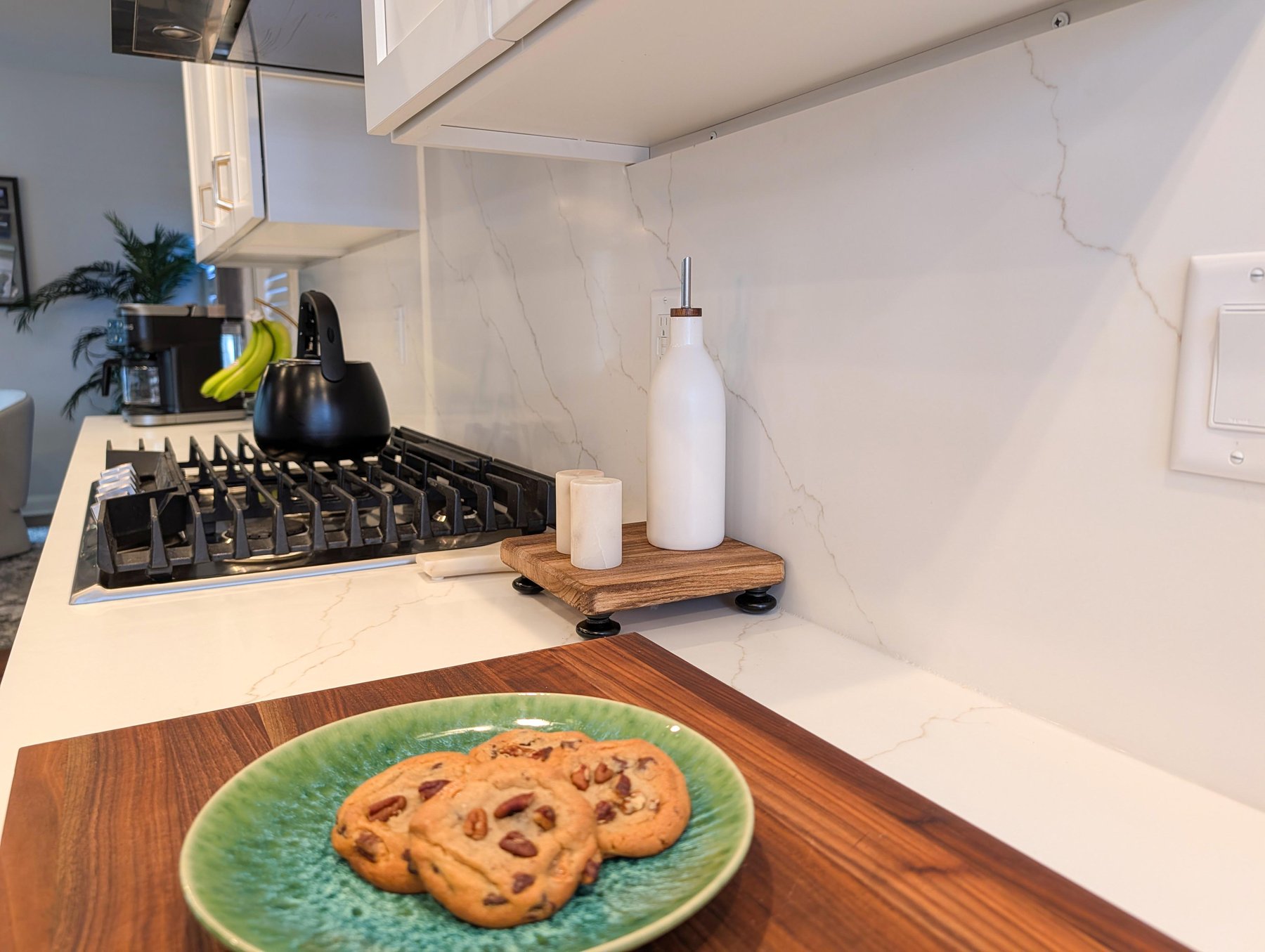 Detail of the remodeled kitchen island and beverage center